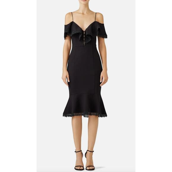 Nicholas US 4 Black Peplum Cold Shoulder Midi Dress - Picture 1 of 9